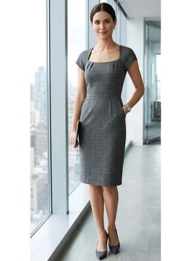 NWT Banana Republic Houndstooth Plaid Short Sleeve Sheath Dress Career Grey 4